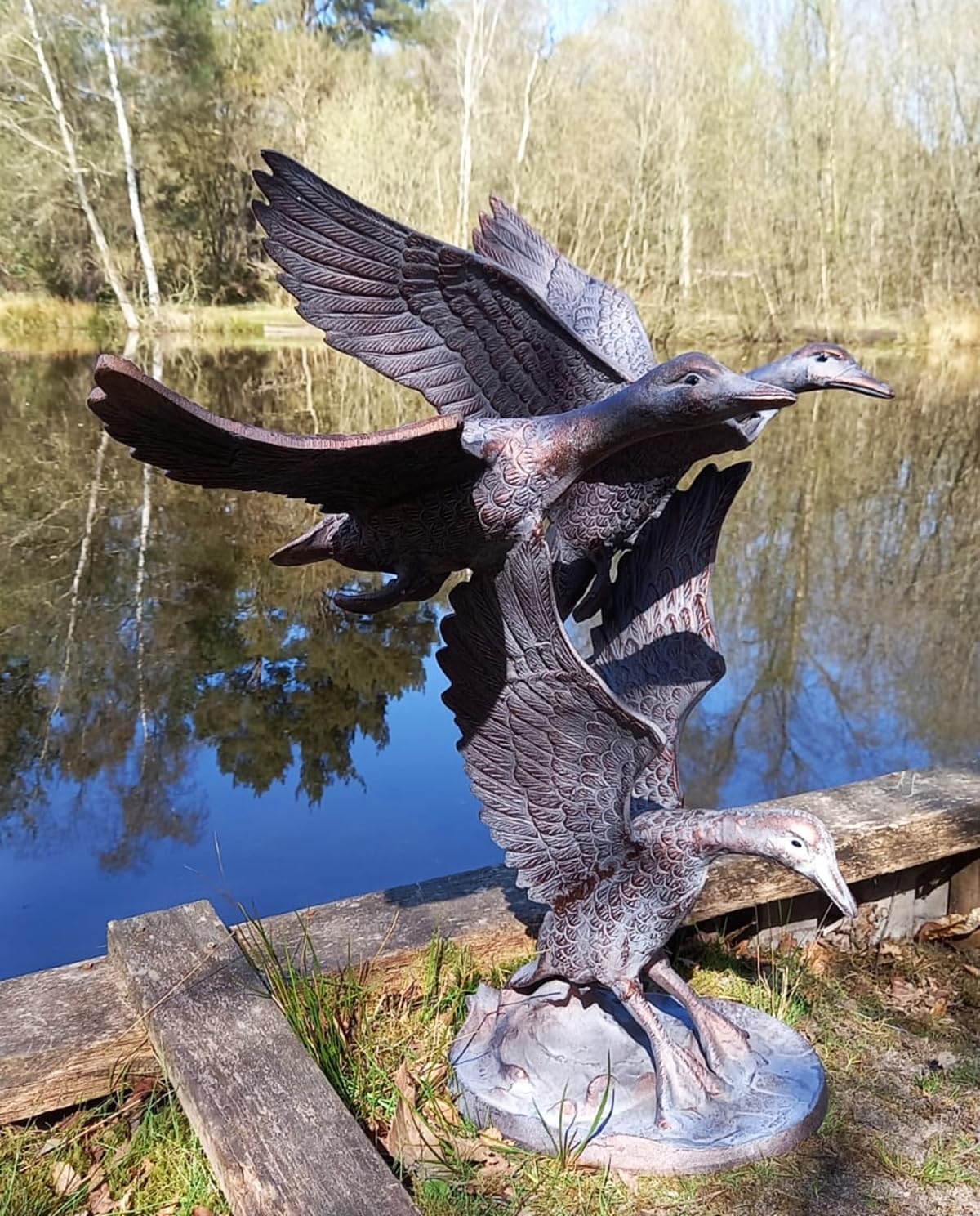 Three Flying Ducks Garden Sculpture - Aluminium with an aged Bronze Finish - Image 3